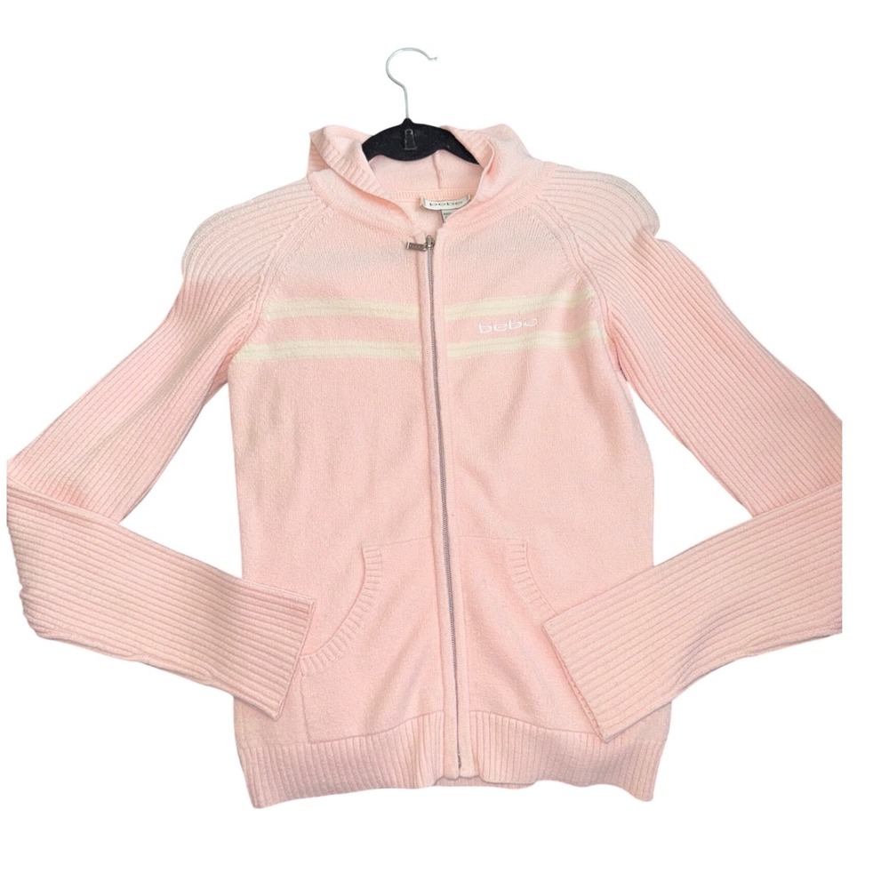Vintage Y2K Bebe Pink Striped Hoodie Zip Up Sweater Jacket Size M Athleisure